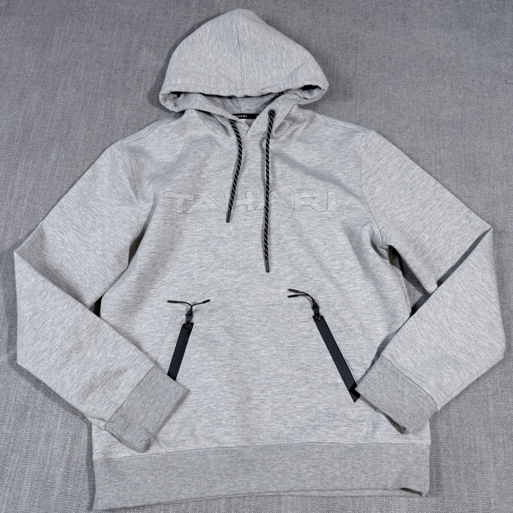 Tahari Mens Gray Tech Fleece Embossed Logo Hoodie Sweatshirt Small A2 46